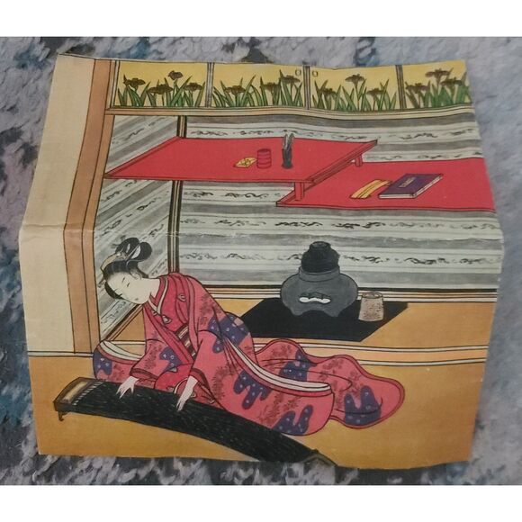 A Girl Beauty Playing the Koto Zither Vintage Japanese Wagami Rice Paper Wallet - Picture 1 of 5